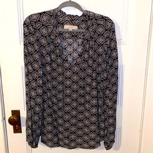 Loft Medallion Print Tie Neck Ruffle Trim Blouse Size XL
